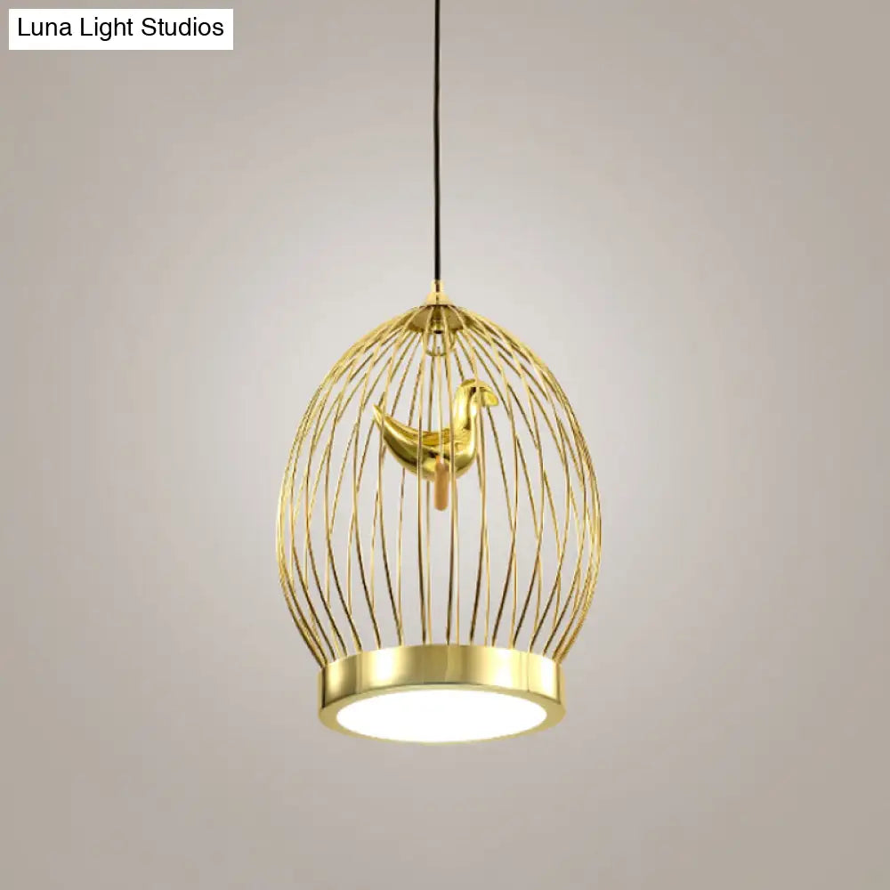 Modern Global Cage 1-Head Gold Finish Hanging Light With Bird Deco Pendant