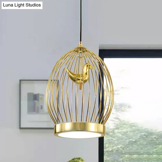 Modern Metallic Hanging Light Fixture With Bird Deco - Gold Finish Pendant Lamp