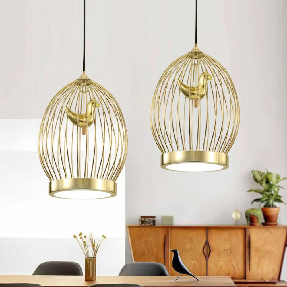 Modern Global Cage 1-Head Gold Finish Hanging Light With Bird Deco Pendant