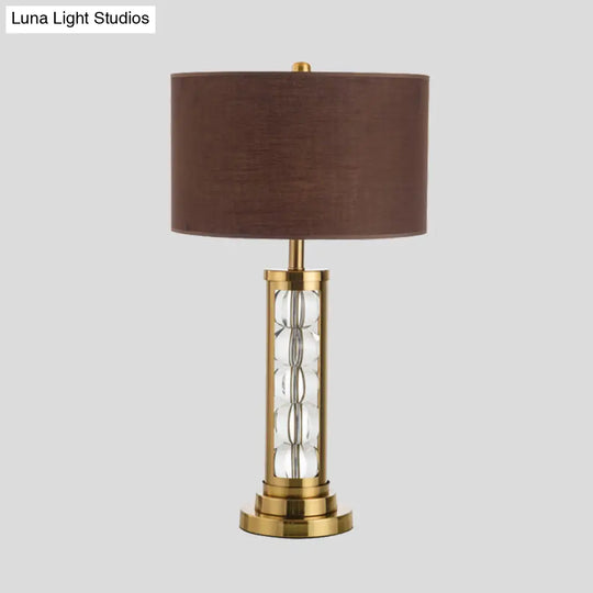 Modern Global Desk Lamp With Clear Crystal Accent Brown Base And Fabric Shade