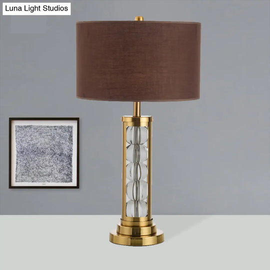 Modern Global Desk Lamp With Clear Crystal Accent Brown Base And Fabric Shade