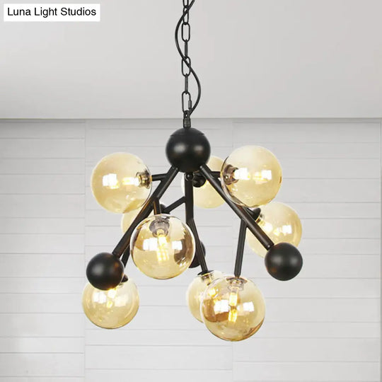 Modern Globe Chandelier Lighting - Amber Glass 9 Heads Hangs Beautifully In Living Room