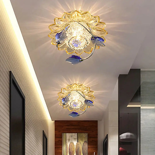 Modern Globe Flush Mount Ceiling Light With Crystal Maple Leaf Deco - Blue/Tan Warm/White 1 Bulb