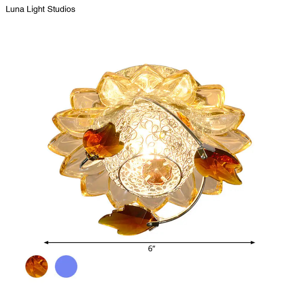 Modern Globe Flush Mount Ceiling Light With Crystal Maple Leaf Deco - Blue/Tan Warm/White 1 Bulb