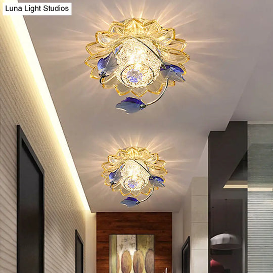 Modern Globe Flush Mount Ceiling Light With Crystal Maple Leaf Deco - Blue/Tan Warm/White 1 Bulb