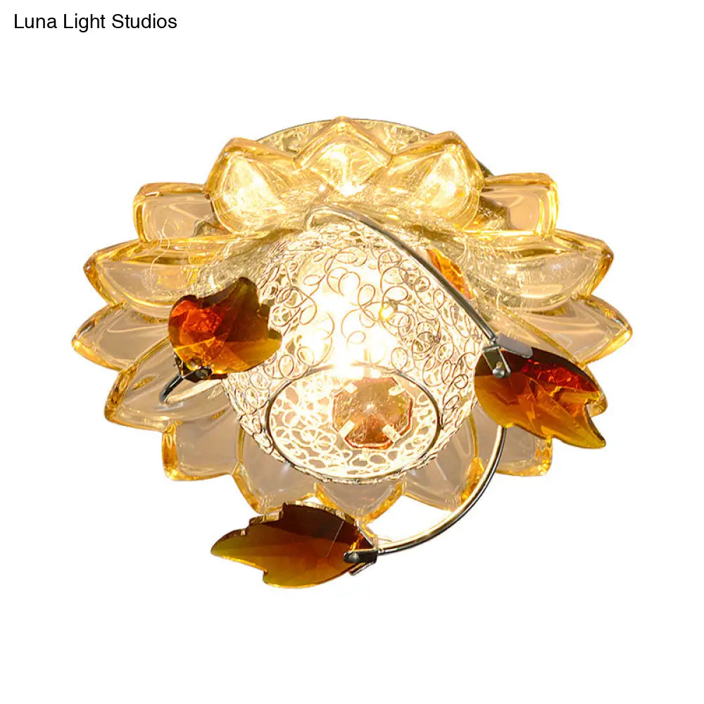 Modern Globe Flush Mount Ceiling Light With Crystal Maple Leaf Deco - Blue/Tan Warm/White 1 Bulb