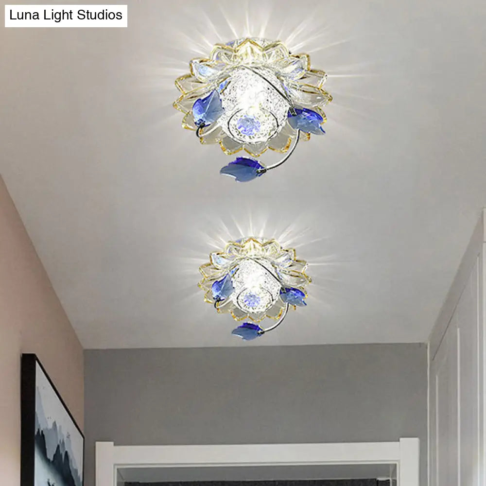 Modern Globe Flush Mount Ceiling Light With Crystal Maple Leaf Deco - Blue/Tan Warm/White 1 Bulb
