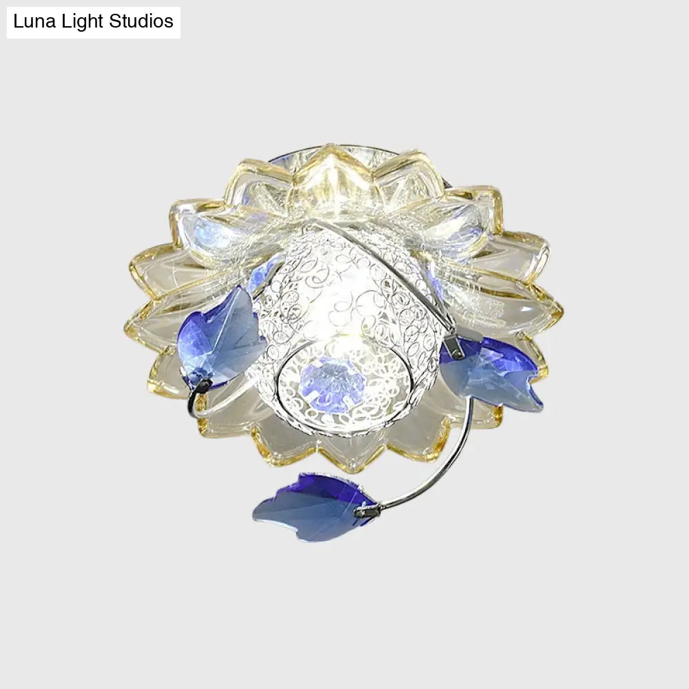 Modern Globe Flush Mount Ceiling Light With Crystal Maple Leaf Deco - Blue/Tan Warm/White 1 Bulb