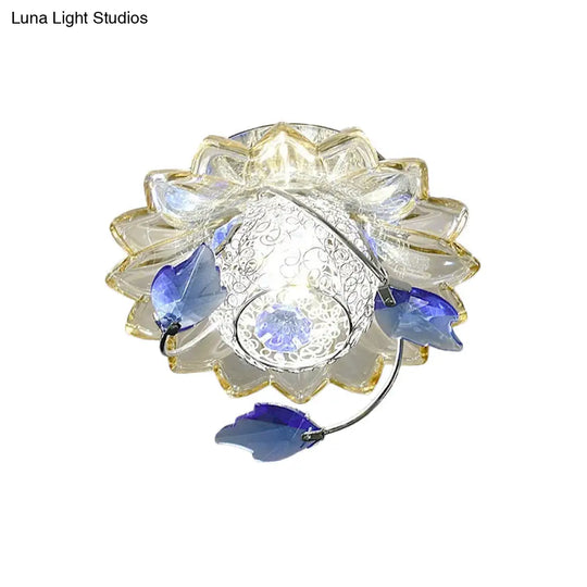 Modern Globe Flush Mount Ceiling Light With Crystal Maple Leaf Deco - Blue/Tan Warm/White 1 Bulb