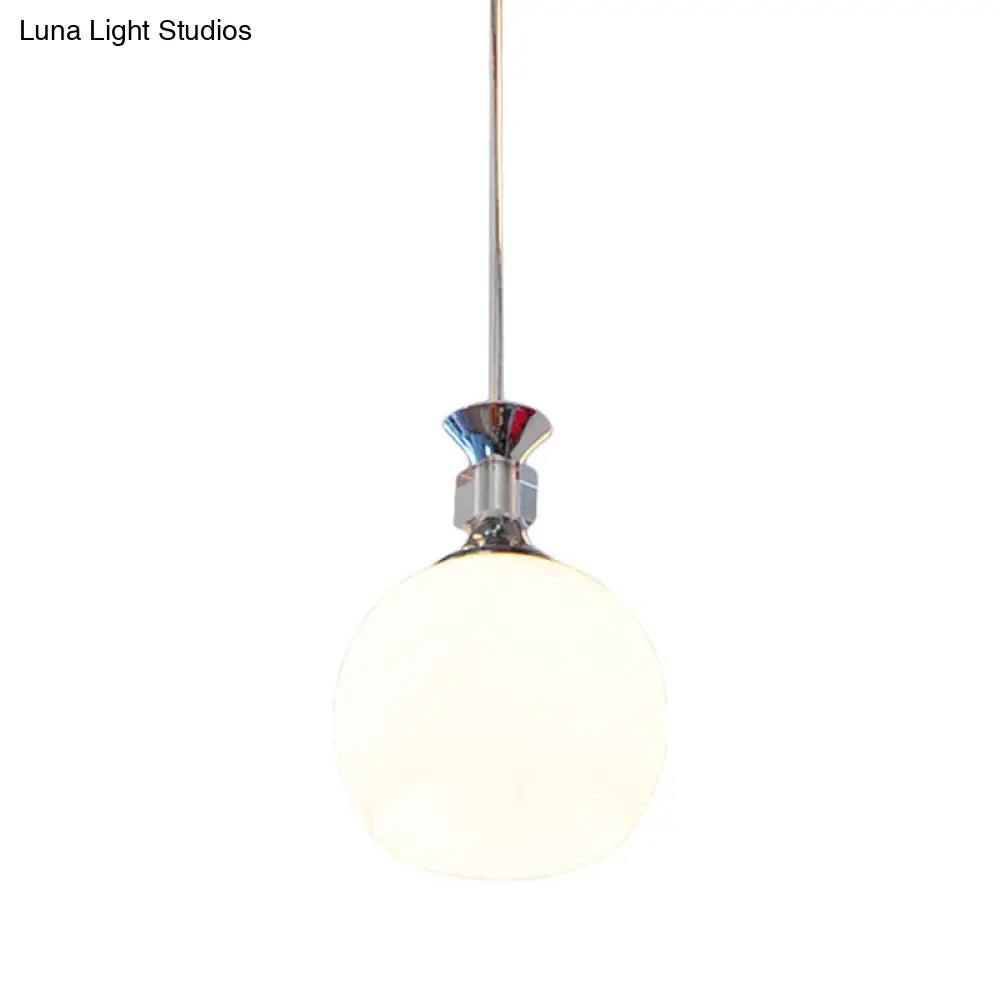 Globe Dining Room Pendant Light In Chrome With White Glass Shade - Modern Suspension Fixture