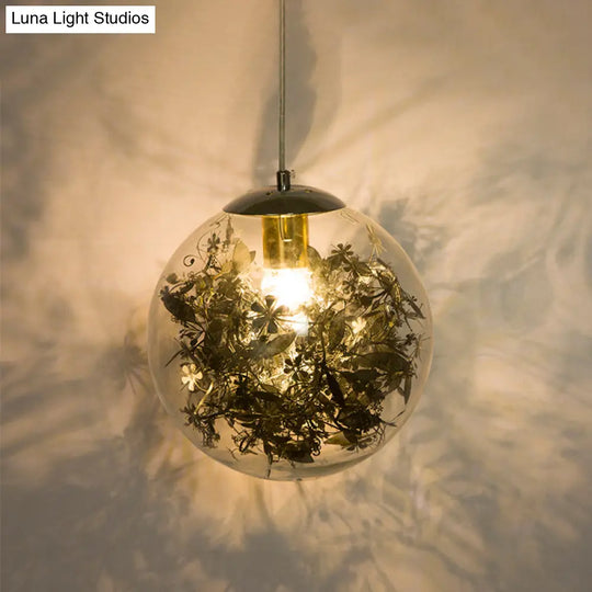 Modern Globe Pendant Light With Clear Glass And Inner Leaf Design In Silver/Gold For Bedroom