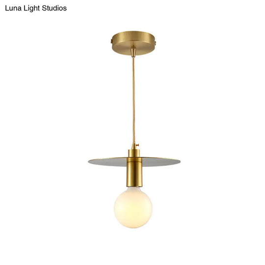 Postmodern White Glass Globe Pendant Light With Gold Metal Disc Shade - Bedroom Hanging Lamp Kit