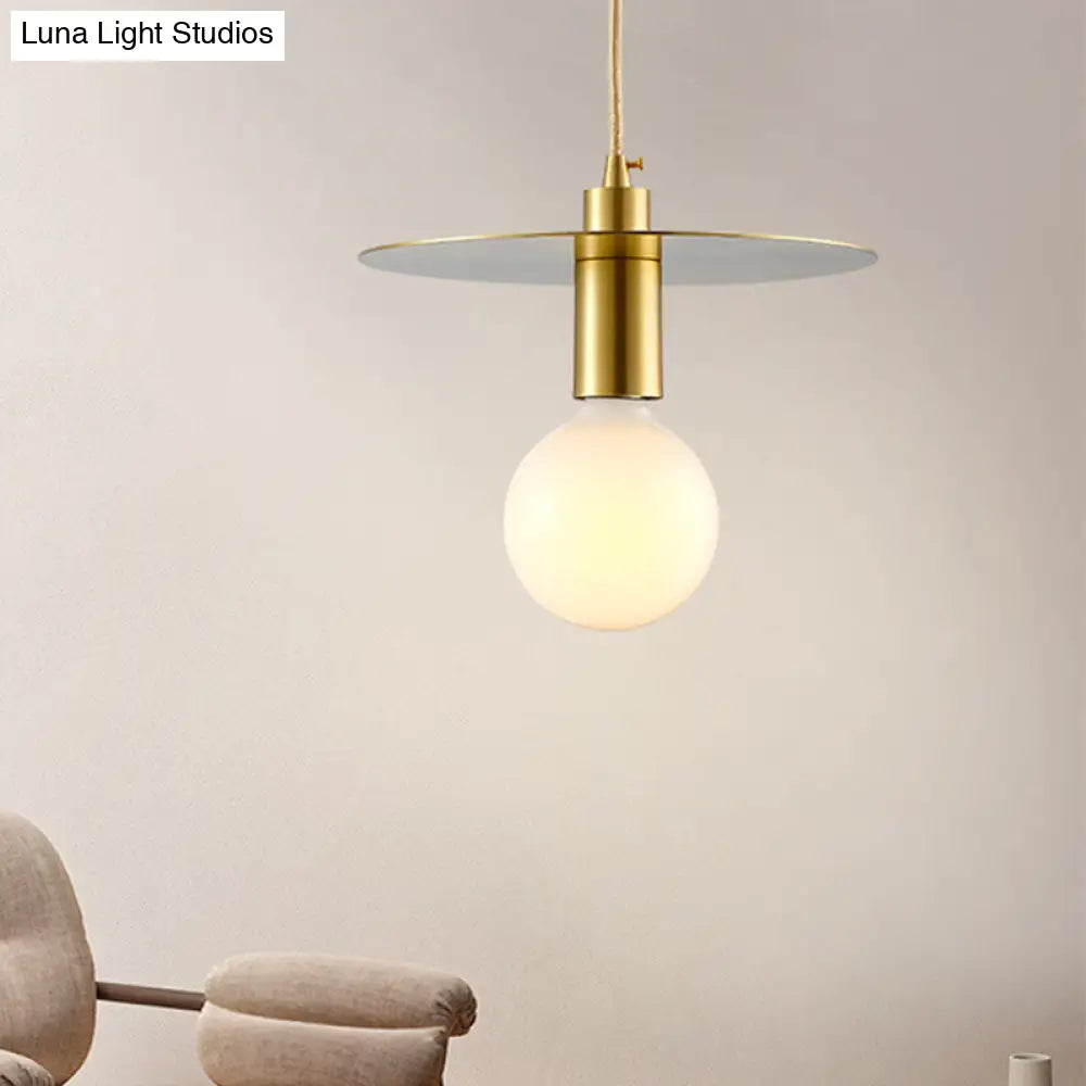 Postmodern White Glass Globe Pendant Light With Gold Metal Disc Shade - Bedroom Hanging Lamp Kit