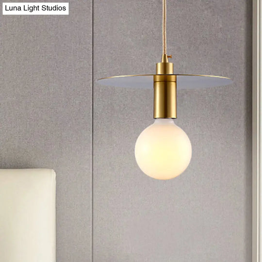 Postmodern White Glass Globe Pendant Light With Gold Metal Disc Shade - Bedroom Hanging Lamp Kit