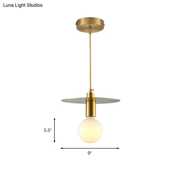 Postmodern White Glass Globe Pendant Light With Gold Metal Disc Shade - Bedroom Hanging Lamp Kit