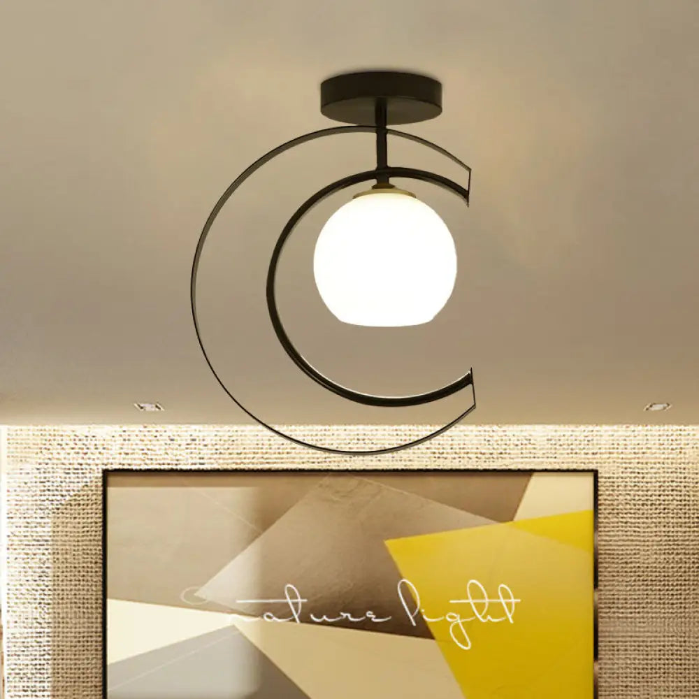 Modern Globe Semi Flush Mount Ceiling Lamp - White Glass 1 - Light Black With Moon Iron Frame