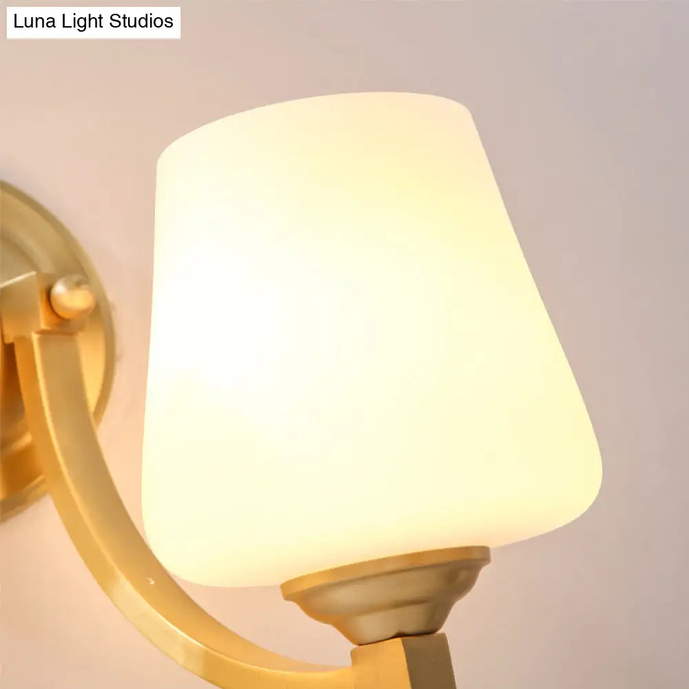 Modern Gold 1/2-Bulb Wall Sconce Lamp With White Glass Cup Design For Bedroom Lighting