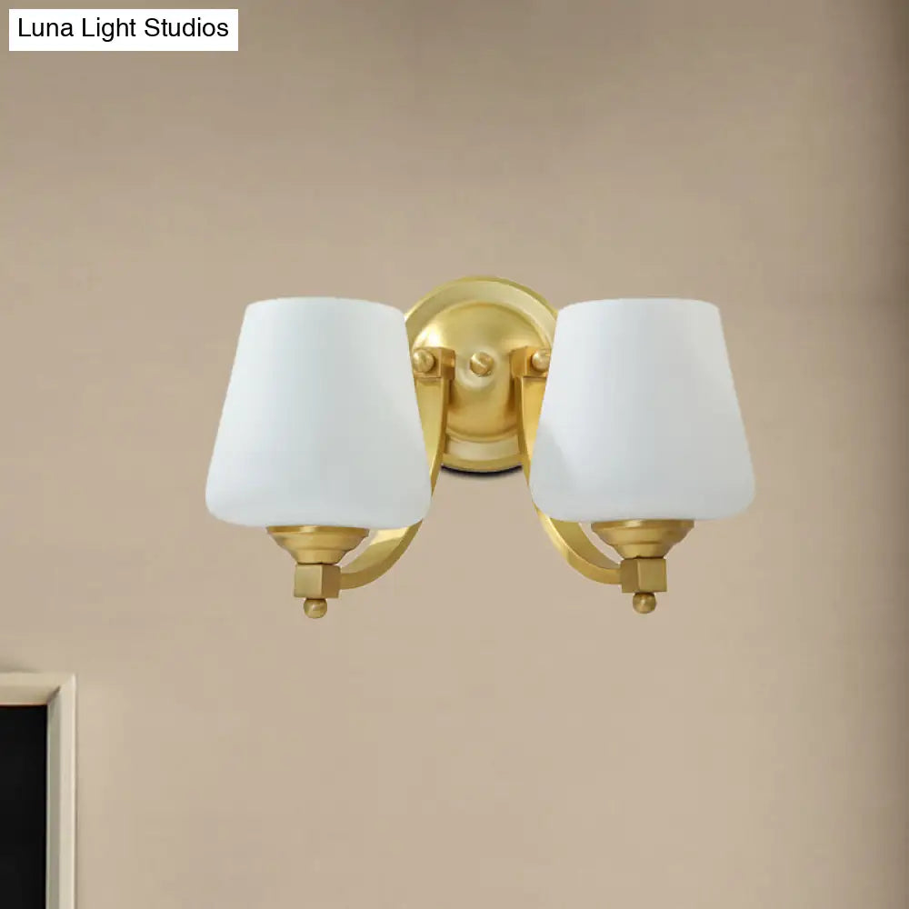 Modern Gold 1/2-Bulb Wall Sconce Lamp With White Glass Cup Design For Bedroom Lighting