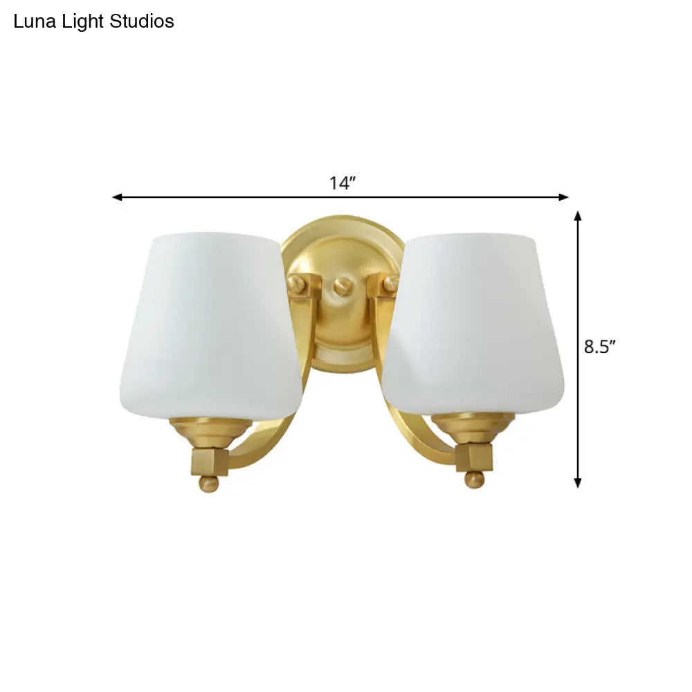 Modern Gold 1/2-Bulb Wall Sconce Lamp With White Glass Cup Design For Bedroom Lighting