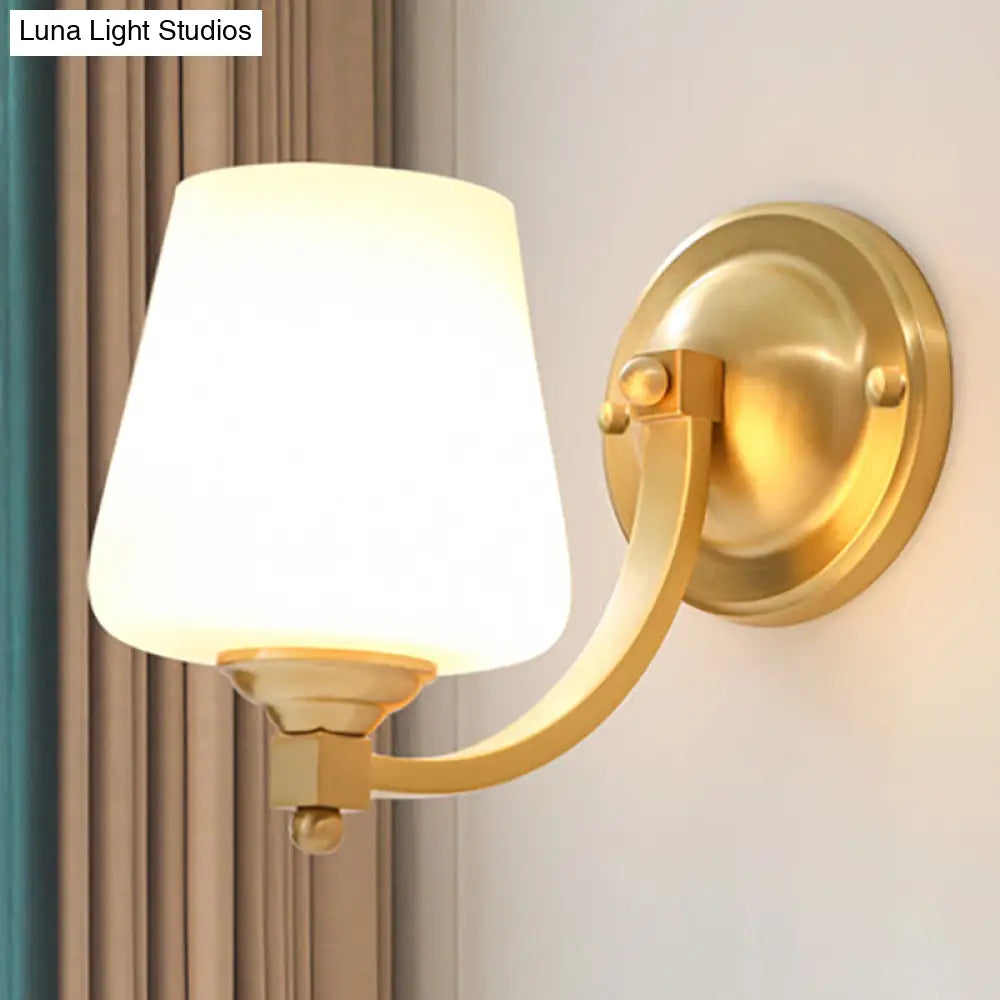 Modern Gold 1/2-Bulb Wall Sconce Lamp With White Glass Cup Design For Bedroom Lighting