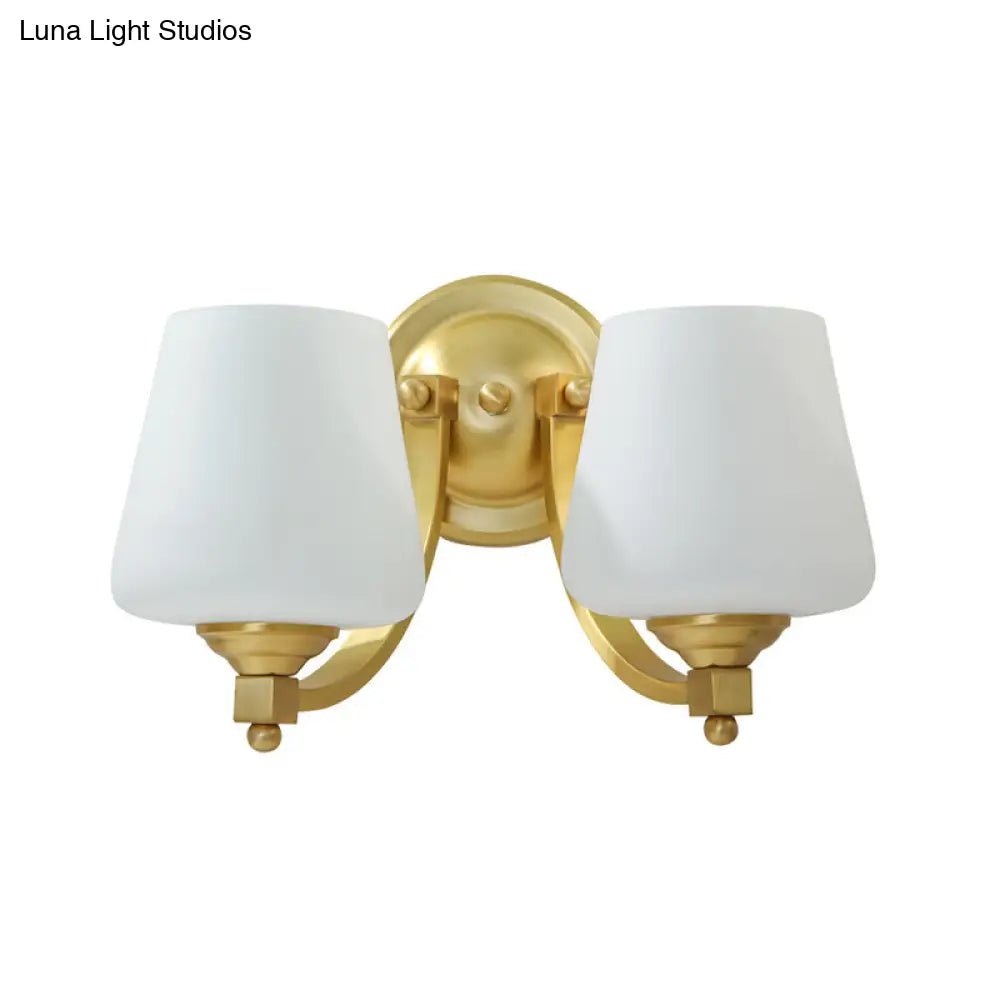 Modern Gold 1/2-Bulb Wall Sconce Lamp With White Glass Cup Design For Bedroom Lighting