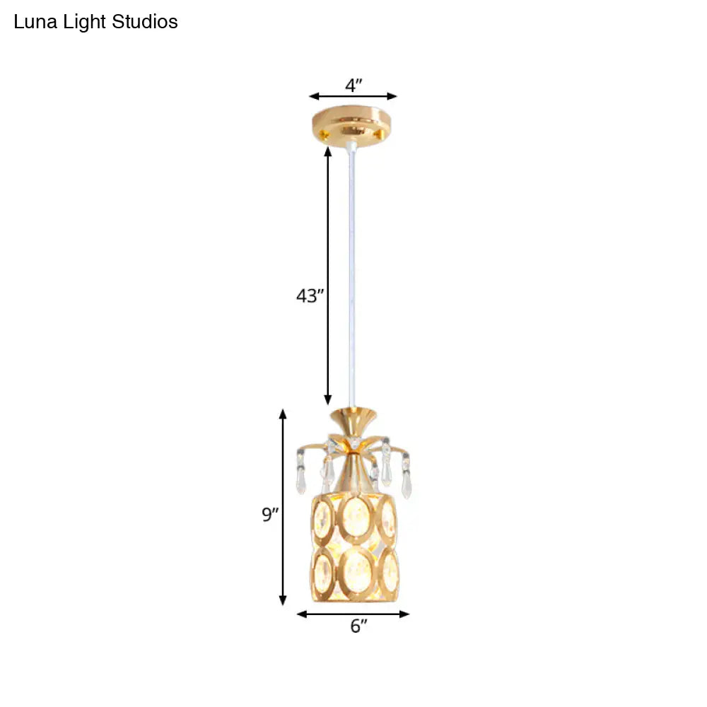 Modern Gold 1-Light Crystal Pendant - Cylindrical Suspension For Stylish Hanging Illumination