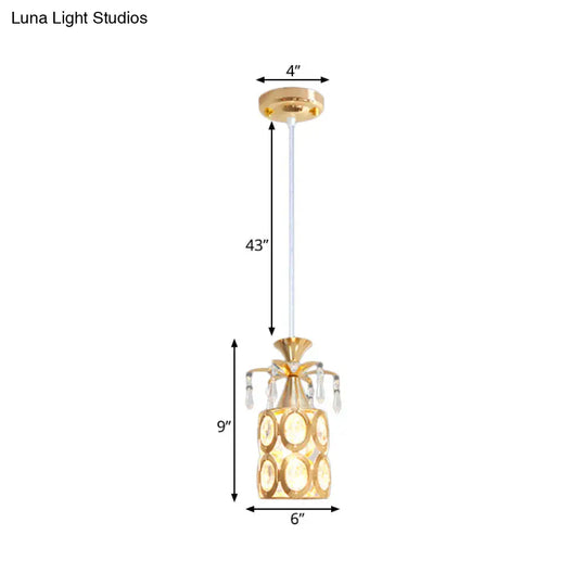 Modern Gold 1-Light Crystal Pendant - Cylindrical Suspension For Stylish Hanging Illumination