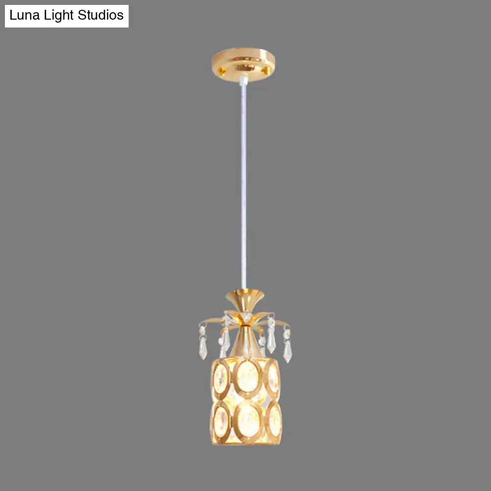 Modern Gold 1-Light Crystal Pendant - Cylindrical Suspension For Stylish Hanging Illumination