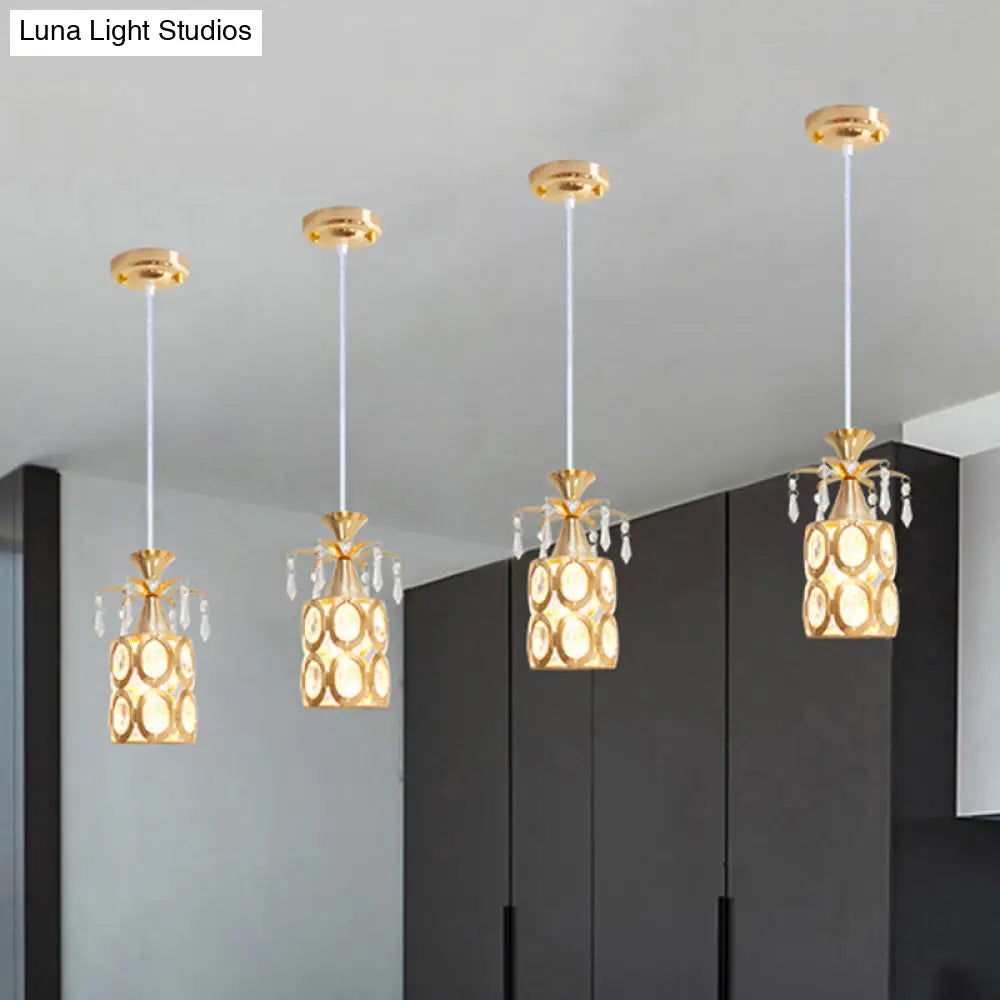 Modern Gold Crystal Pendant Light With Cylindrical Suspension