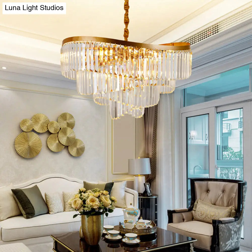 Gold Tiered Led Chandelier Light - Modern 10-Head Crystal Pendant For Living Room