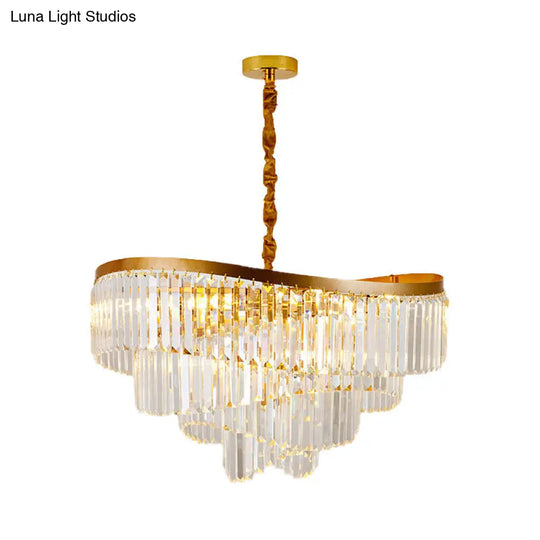 Gold Tiered Led Chandelier Light - Modern 10-Head Crystal Pendant For Living Room