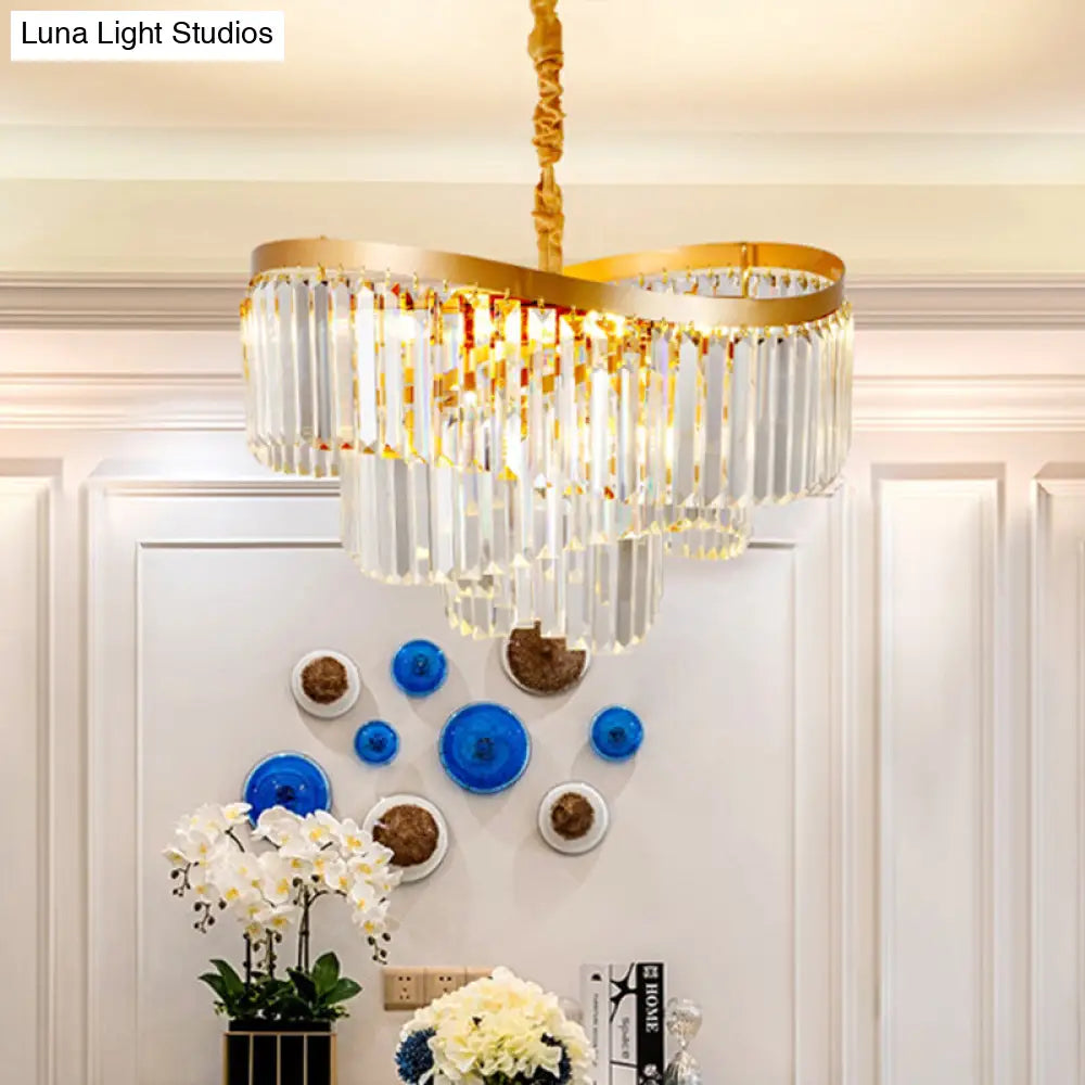 Gold Tiered Led Chandelier Light - Modern 10-Head Crystal Pendant For Living Room