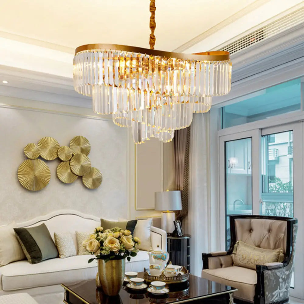 Modern Gold 10-Head Tiered Led Crystal Pendant Chandelier Light For Living Room Lighting