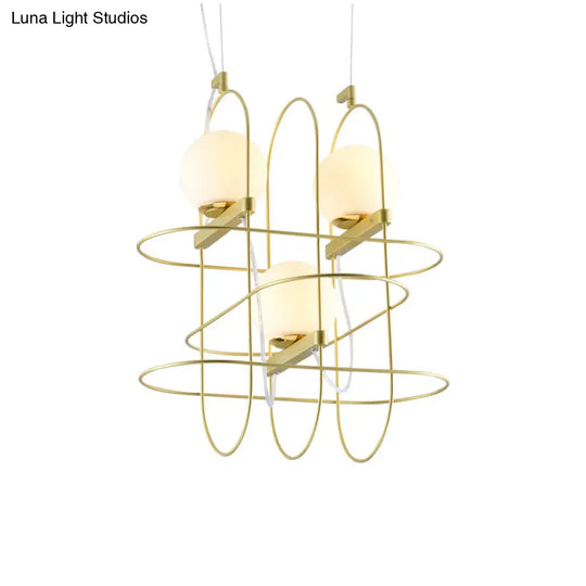 Modern Gold 3-Head Chandelier Light With Oval Metal Frame And Opal Glass Shade