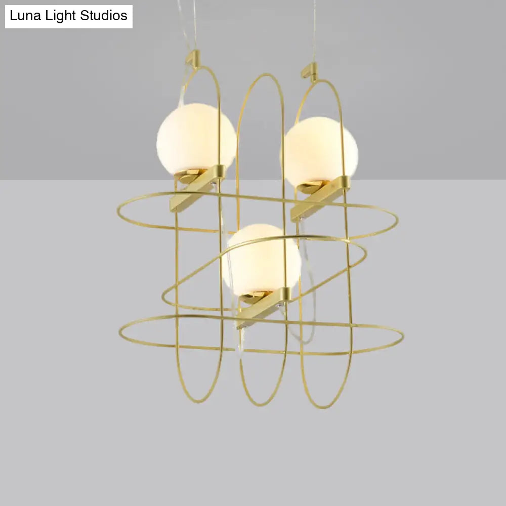 Modern Gold Oval Frame Hanging Ceiling Light - 3-Head Metal Chandelier With Opal Glass Shade