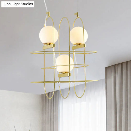 Modern Gold Oval Frame Hanging Ceiling Light - 3-Head Metal Chandelier With Opal Glass Shade