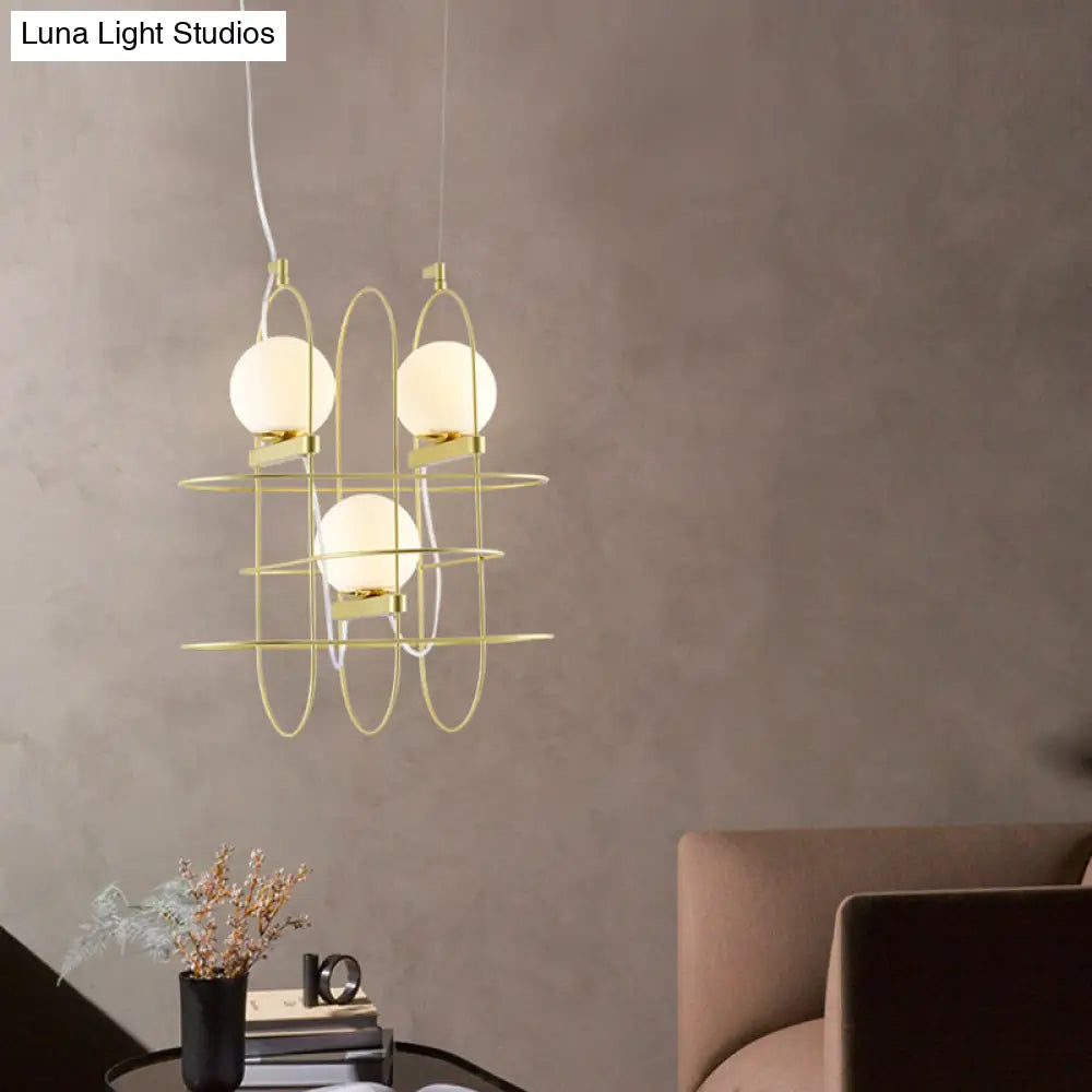 Modern Gold Oval Frame Hanging Ceiling Light - 3-Head Metal Chandelier With Opal Glass Shade