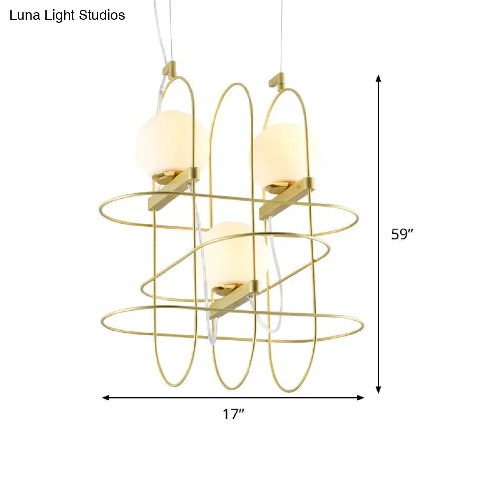 Modern Gold Oval Frame Hanging Ceiling Light - 3-Head Metal Chandelier With Opal Glass Shade