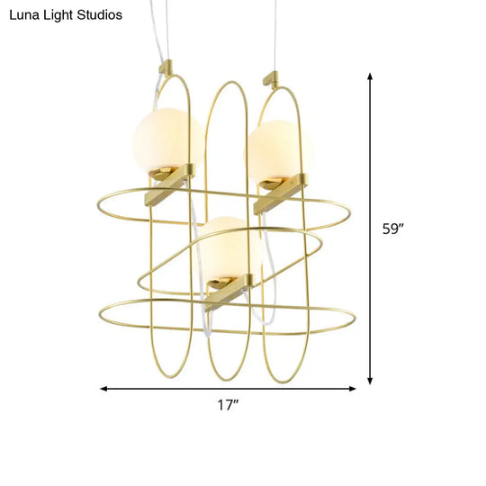 Modern Gold Oval Frame Hanging Ceiling Light - 3-Head Metal Chandelier With Opal Glass Shade