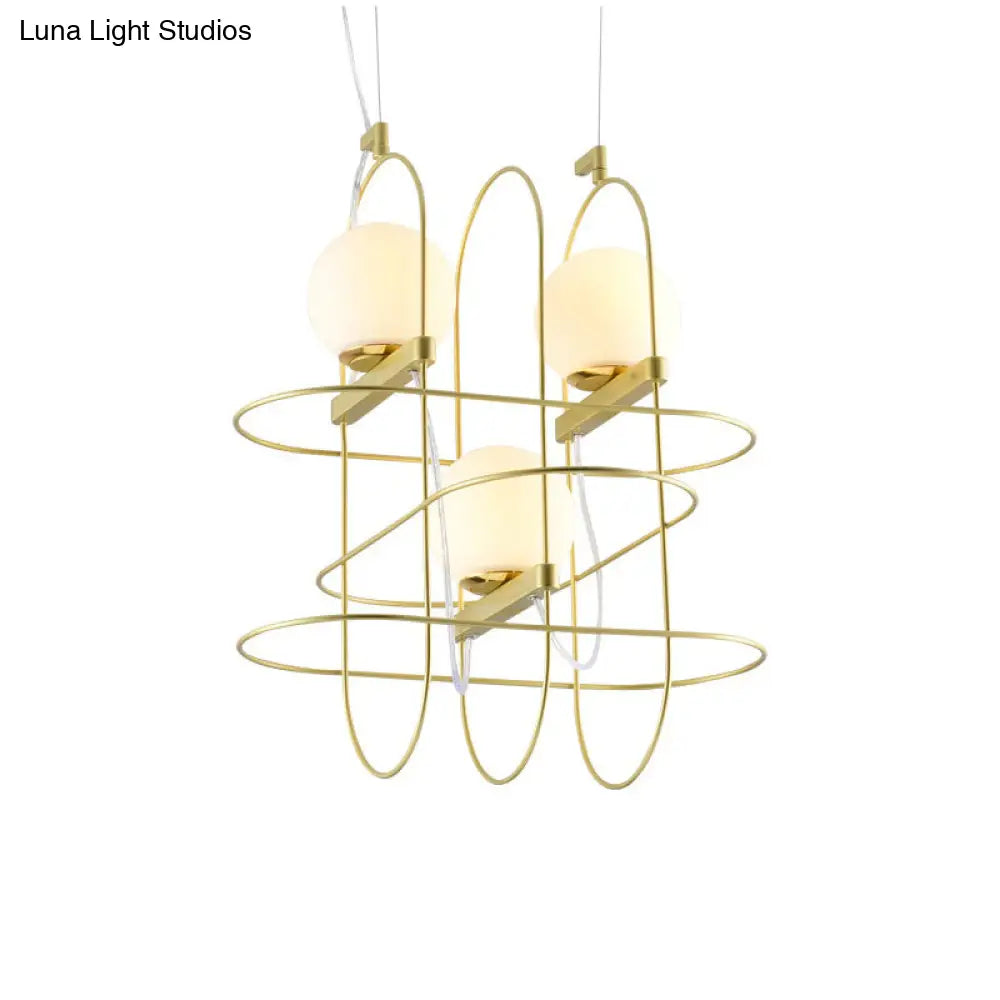 Modern Gold Oval Frame Hanging Ceiling Light - 3-Head Metal Chandelier With Opal Glass Shade