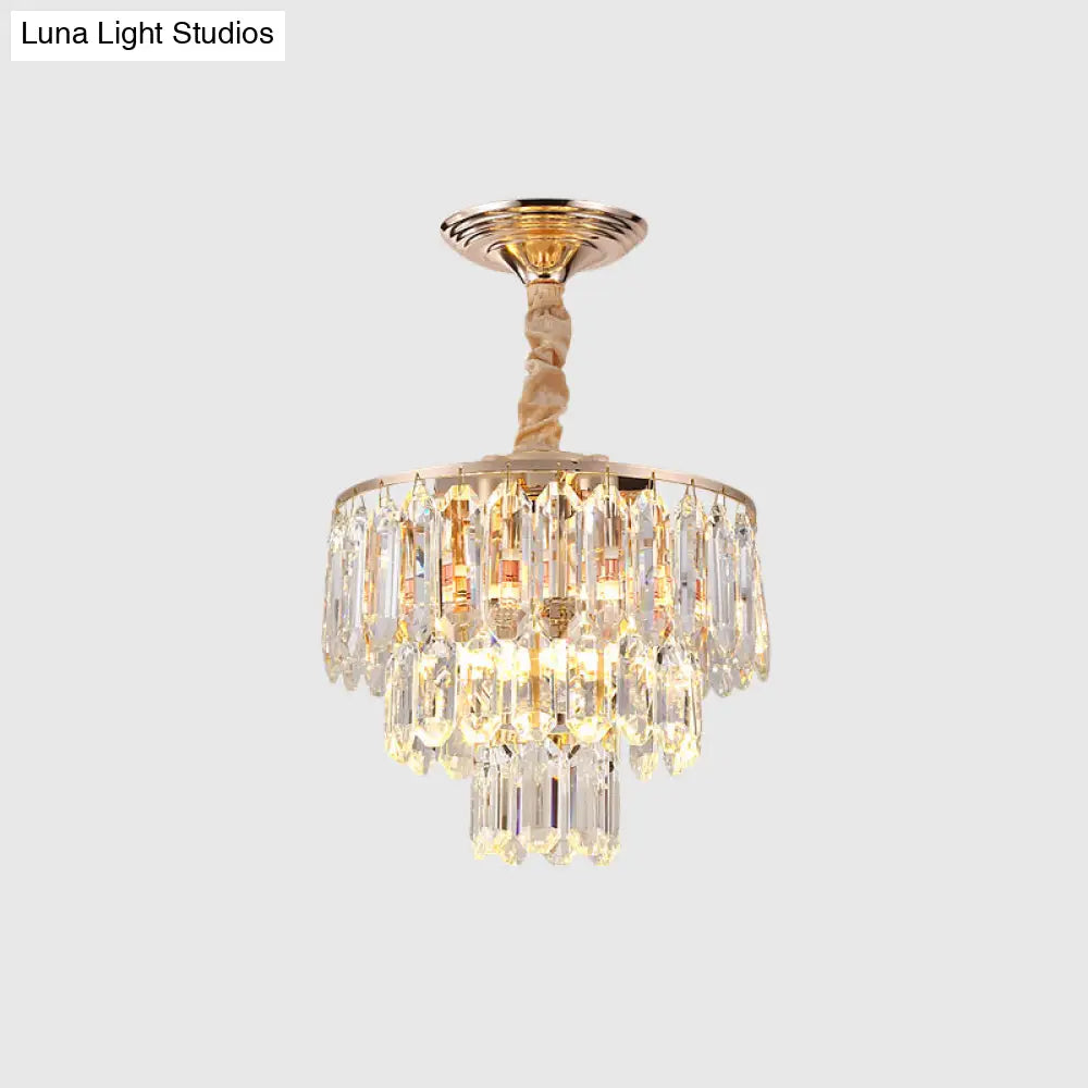 Modern Gold 3-Tier Crystal Rod Drop Lamp - 2-Light Foyer Ceiling Chandelier