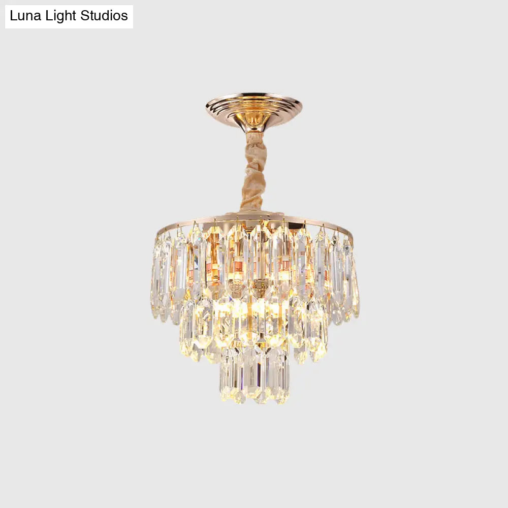 Modern Gold Crystal Rod Chandelier - 3 Tiers 2 Lights Ideal For Foyer Ceiling