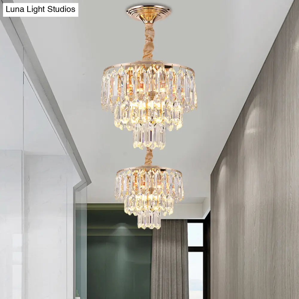 Modern Gold Crystal Rod Chandelier - 3 Tiers 2 Lights Ideal For Foyer Ceiling