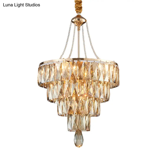 Modern Gold 4-Tier Crystal Block Chandelier With 6 Hanging Lights For Hallway