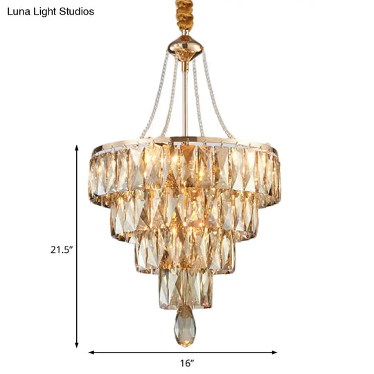 Modern Gold 4-Tier Crystal Block Chandelier With 6 Hanging Lights For Hallway