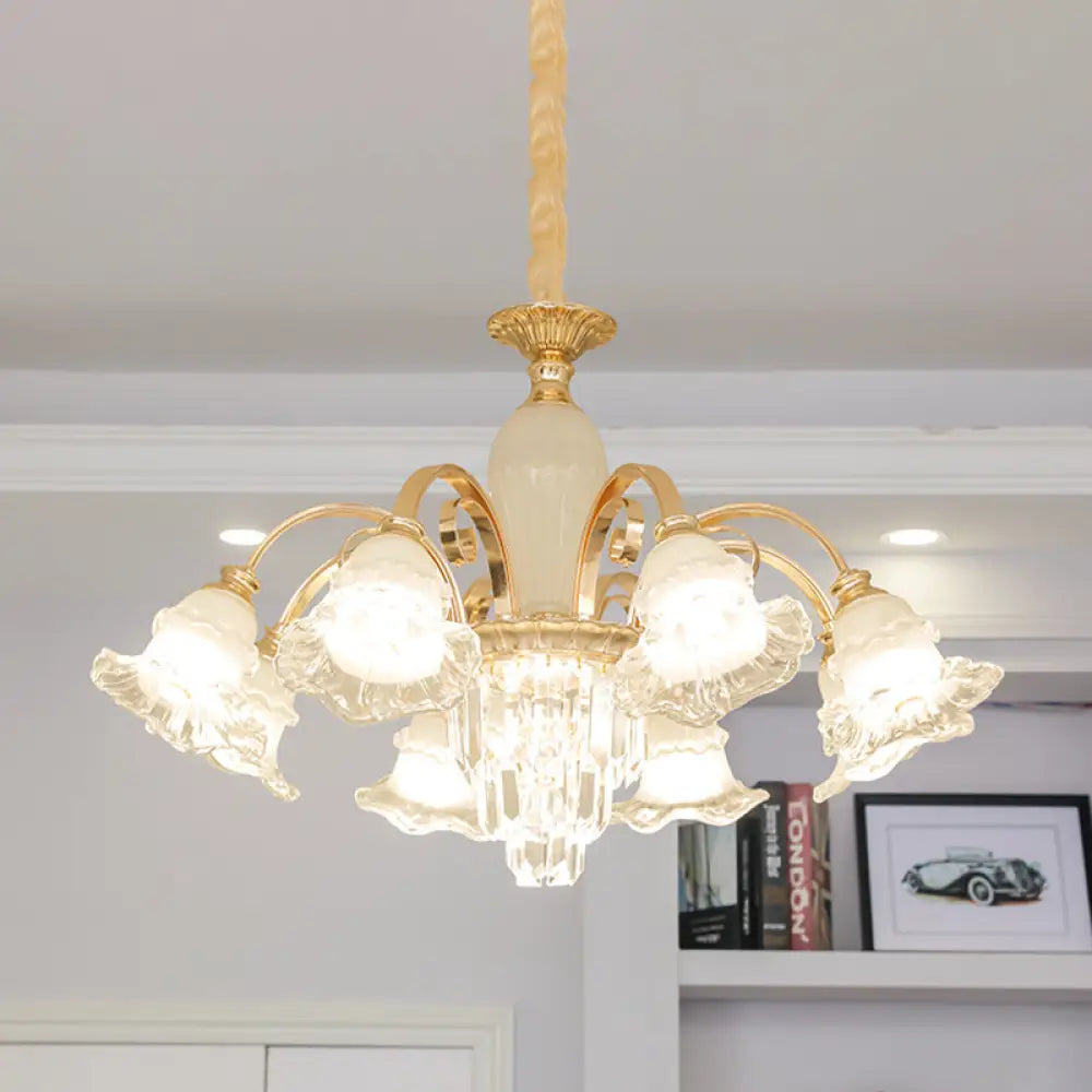 Modern Gold 8-Light Ceiling Pendant With Clear And Frosted Glass Flower Chandelier & Crystal Accent