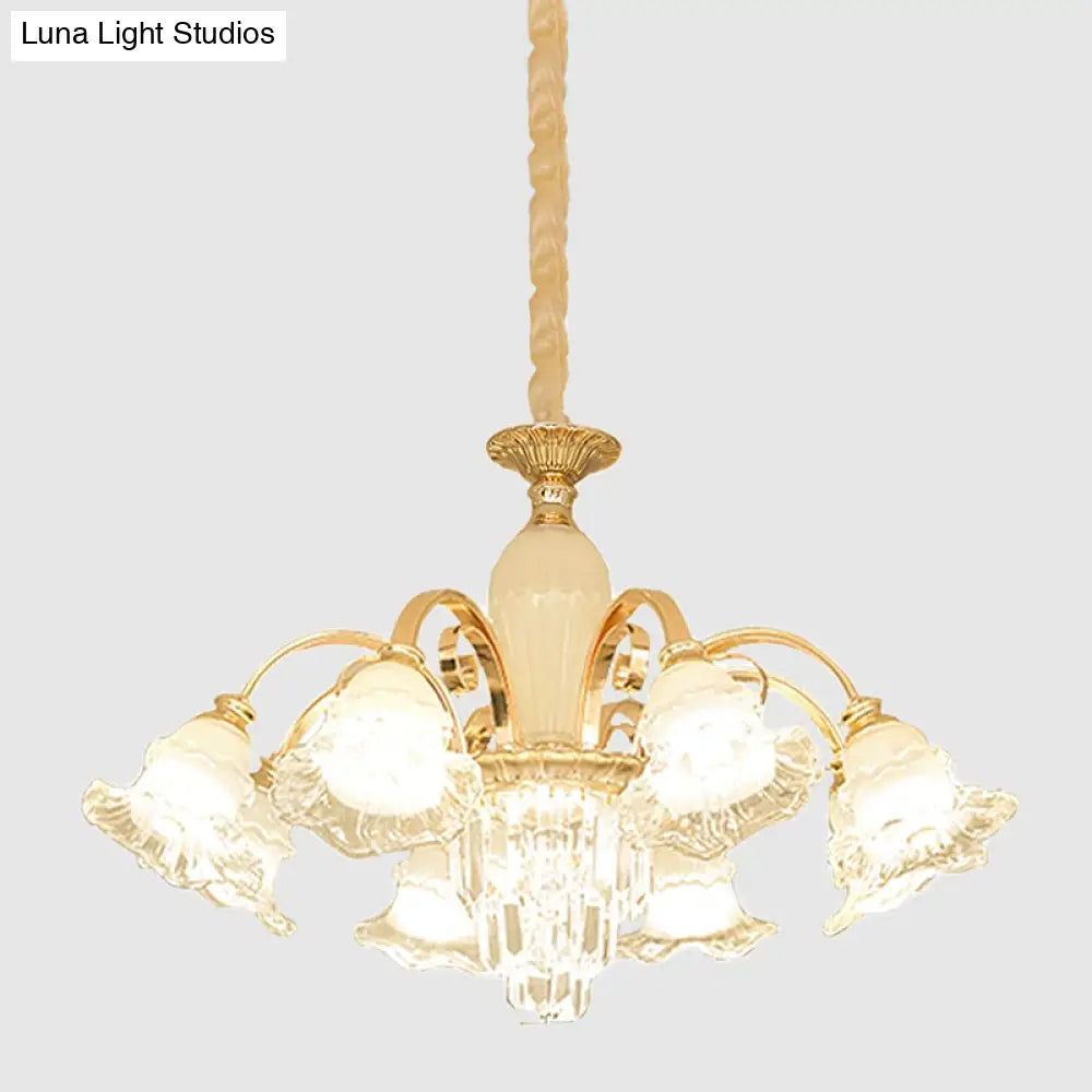 Modern Gold 8-Light Ceiling Pendant With Clear And Frosted Glass Flower Chandelier & Crystal Accent