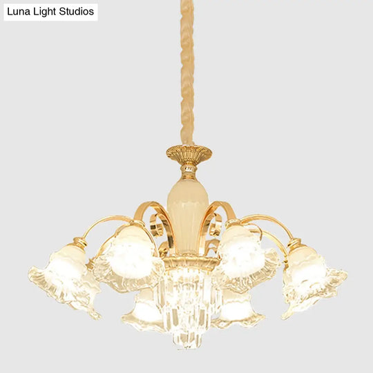 Modern Gold 8-Light Ceiling Pendant With Clear And Frosted Glass Flower Chandelier & Crystal Accent