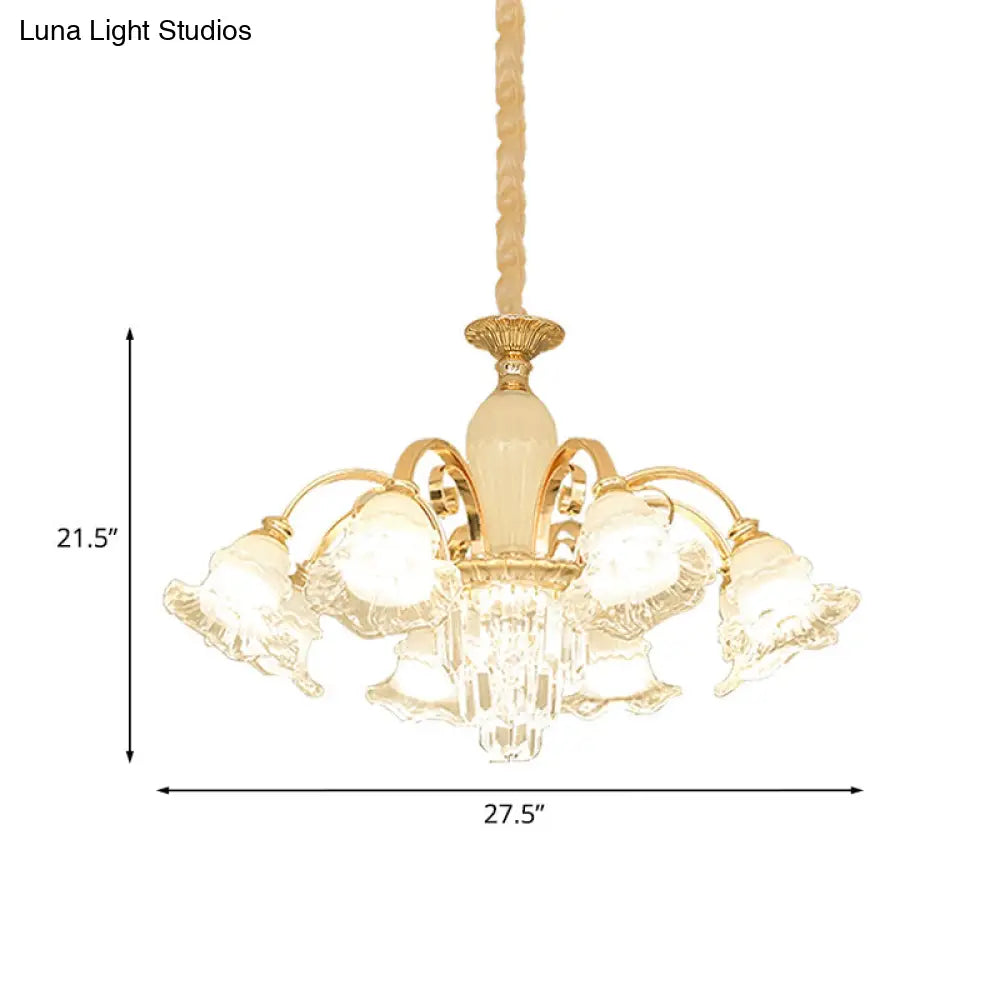 Modern Gold 8-Light Ceiling Pendant With Clear And Frosted Glass Flower Chandelier & Crystal Accent