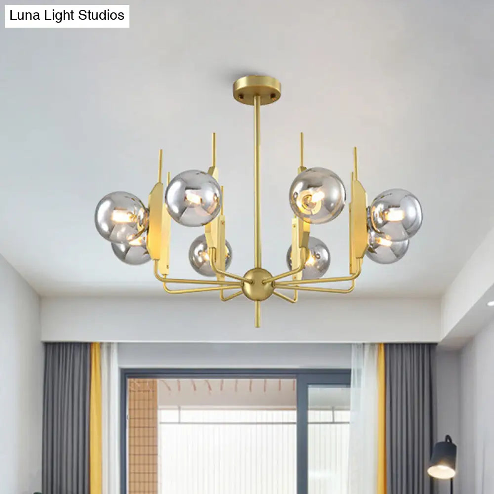 Modern 8-Light Gold Chandelier With Milk White/Smoke Gray Glass Shades For Living Room Ceiling /